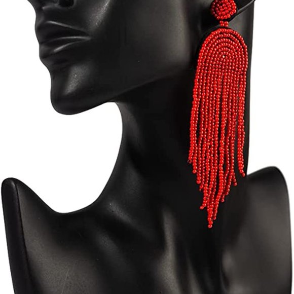 Long 4.5" Red Modern Art Deco Oversized Beaded Earrings Handmade Bohemian Tassel - Picture 2 of 6
